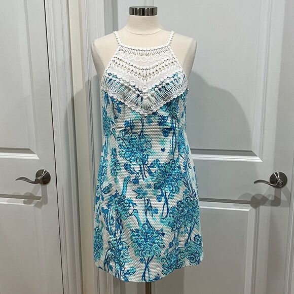 Lilly Pulitzer Dress Pearl Crochet Neck Halter Size 14 Blue & White - Picture 3 of 16